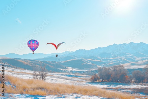 Hot Air Balloon and Paraglider Over Snowy Mountains