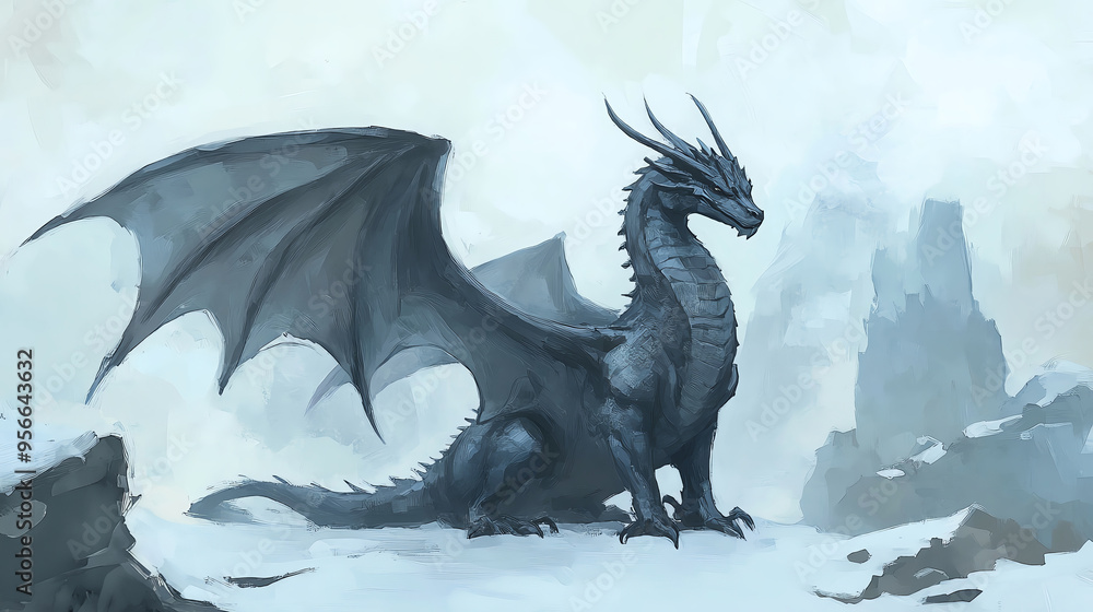Fototapeta premium A majestic black dragon stands in a snowy landscape, showcasing powerful wings and bold features in a fantastical setting.