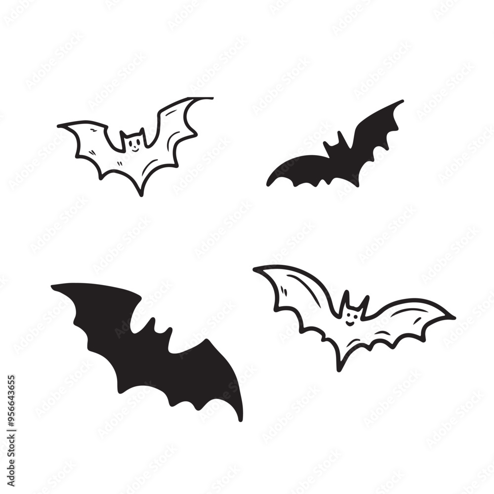 Flying bat collection in black silhouette and line art illustration isolated on white. Hand drawn vector sketch illustration in doodle engraved vintage line art style. Happy Halloween symbol Flying bat collection in black silhouette and line art illustration isolated on white. Hand drawn vector sketch illustration in doodle engraved vintage line art style. Happy Halloween symbol