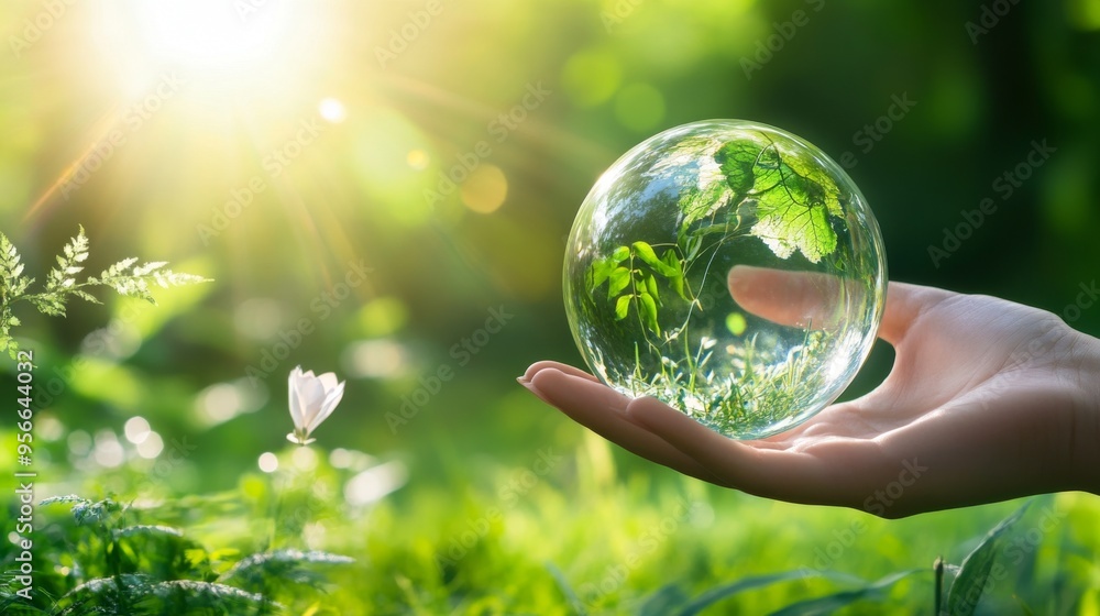 Hand Holding a Glass Sphere with Green Leaves Hand Holding a Glass Sphere with Green Leaves