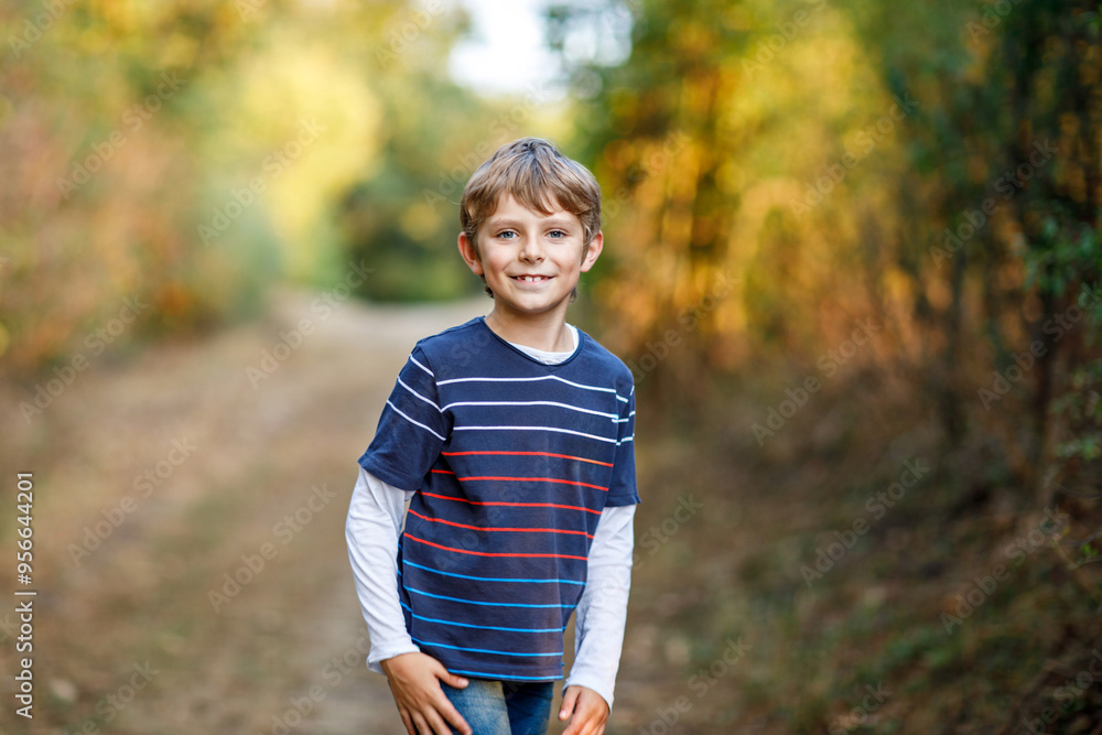 Fototapeta premium Portrait of little cool kid boy in forest. Happy healthy child having fun on warm sunny day early autumn. Family, nature, love and active leisure.