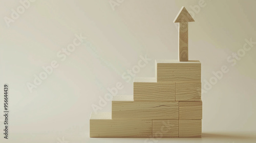 3d realistic rendered rising business success arrow wooden cubes on the ground with shade in front of soft pastel colors background ladder stairway growth concept, photography