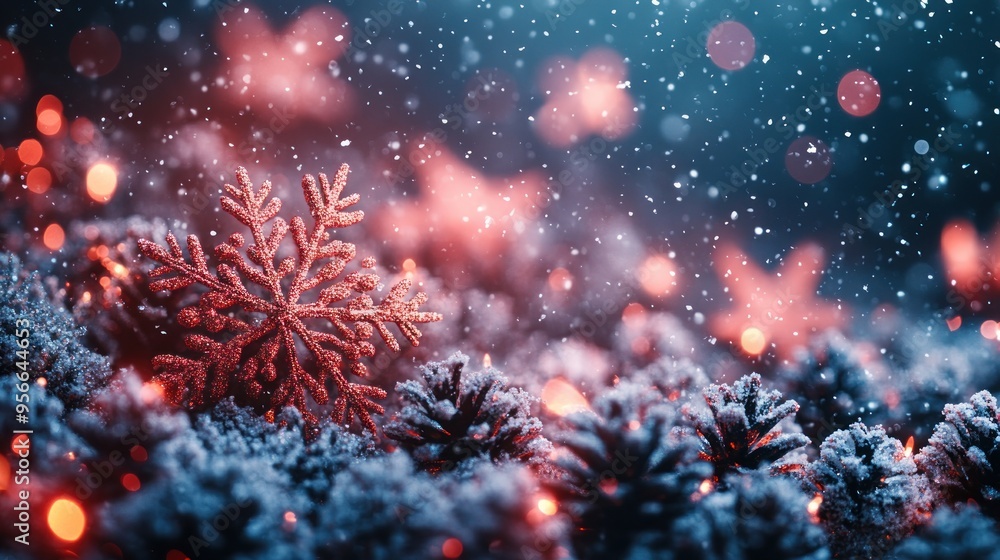 Red and green snowflakes gently falling in a calm Christmas night, with space for text. Red and green snowflakes gently falling in a calm Christmas night, with space for text.
