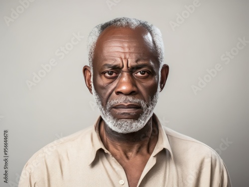 Ivory background sad black American independent powerful man. Portrait of older mid-aged person beautiful bad mood expression isolated on background racism photo