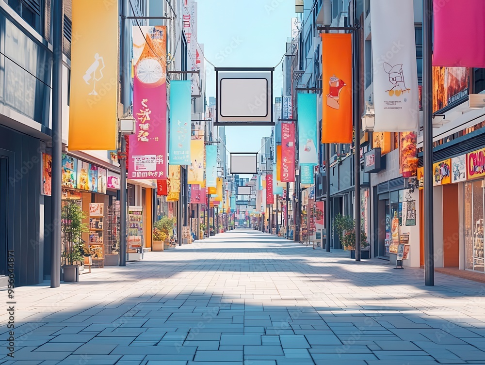 Empty street in Japan with colorful banners and shops. Empty street in Japan with colorful banners and shops.