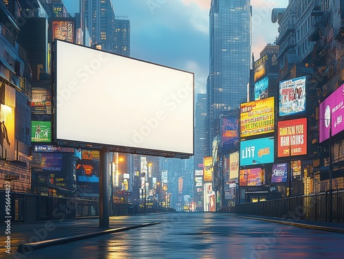 Blank billboard in Times Square, New York City at dusk.