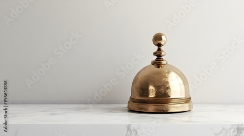 A vintage brass service bell on a white marble countertop, bright white wall background, high-key lighting, minimalist composition, 4K, photorealistic.