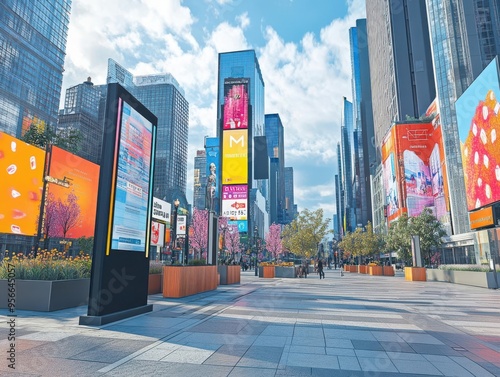 Fototapeta Naklejka Na Ścianę i Meble -  Modern city street with tall buildings and vibrant billboards.