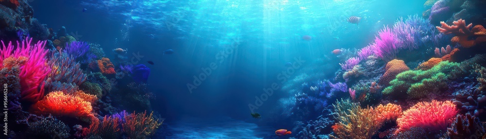Naklejka premium Glowing underwater coral reef scene, full of vibrant colors, marine glowtime, stunning and immersive