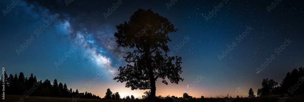 A beautiful image of a large tree standing alone under a night sky filled with stars, capturing the vastness of nature and the universe in a tranquil night scene. A beautiful image of a large tree standing alone under a night sky filled with stars, capturing the vastness of nature and the universe in a tranquil night scene.