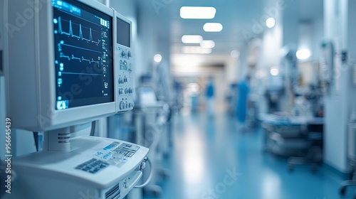 Medical Monitor Displaying Heart Rate in Hospital Corridor