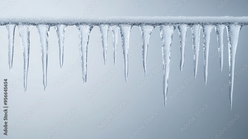 sharp icicles hanging from the edge against a grey sky sharp icicles hanging from the edge against a grey sky