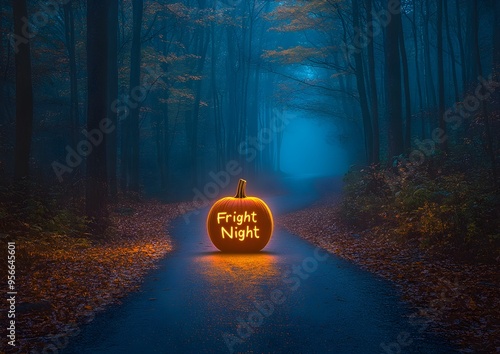 Neon Fright Night Pumpkin on Fog-Covered Deserted Path. photo