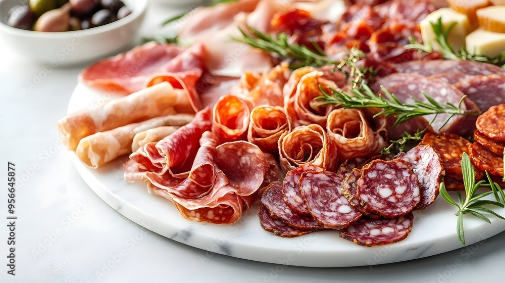 Assorted cured meats platter, charcuterie board, white marble countertop, white ceramic bowl, prosciutto, salami, dried beef, artisanal cold cuts, gourmet appetizer. Assorted cured meats platter, charcuterie board, white marble countertop, white ceramic bowl, prosciutto, salami, dried beef, artisanal cold cuts, gourmet appetizer.
