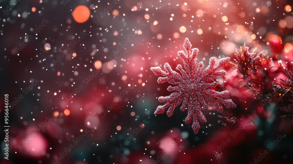 Red and green snowflakes gently falling on a tranquil Christmas night, offering space for text. Red and green snowflakes gently falling on a tranquil Christmas night, offering space for text.