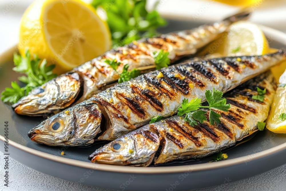 Grilled sardines on a plate with lemon slices, rich in omega3s, brainhealthy diet concept Grilled sardines on a plate with lemon slices, rich in omega3s, brainhealthy diet concept