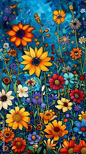 colorful hues of flowers dancing in the blue sky illustration poster background