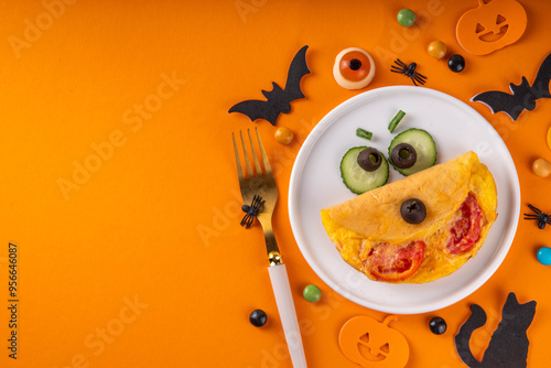 Halloween breakfast eggs omelet shaped and decorated like cute monster, with fresh vegetables, funny kids Halloween food simple recipe idea photo