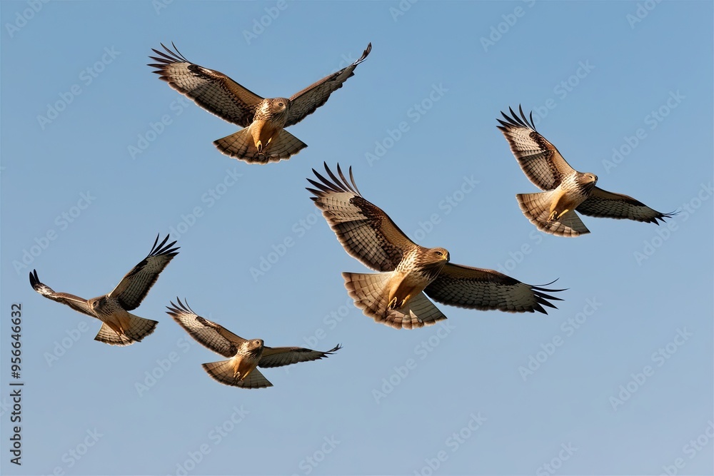 Obraz premium Hawks Flying High in a Clear Blue Sky