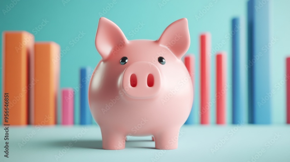 A pink piggy bank is set against a background of colorful bar graphs, symbolizing savings, financial growth, and economic planning. A pink piggy bank is set against a background of colorful bar graphs, symbolizing savings, financial growth, and economic planning.
