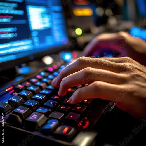 Hands typing on a mechanical keyboard with multiple code windows open, software development process, coding in action.