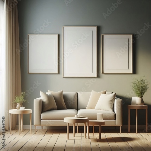 mockup frame of a living room with a wall featuring three tables