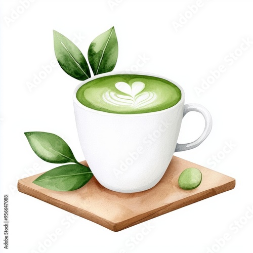 A single cute boho chic matcha with pastel swirls, watercolor illustration, clipart, isolated on pure white background