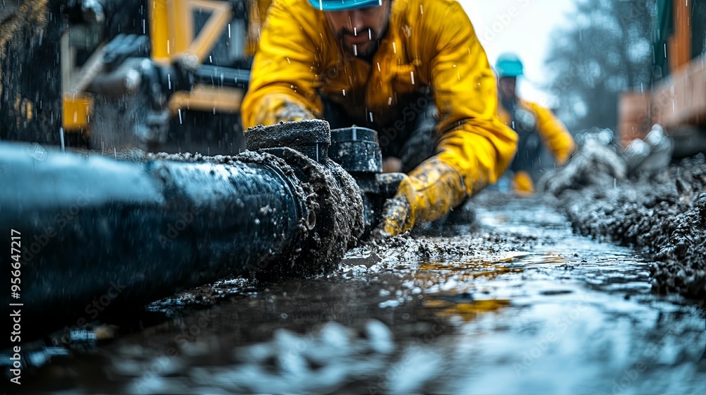 Worker in Yellow Gear Connecting Pipe in Mud Worker in Yellow Gear Connecting Pipe in Mud