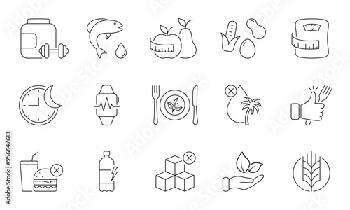 Nutrition and Fitness Line Icon Set Featuring Food, Diet, and Lifestyle Elements. Diet, Weight Management, and Healthy Living. Editable Stroke. Isolated Vector Illustration