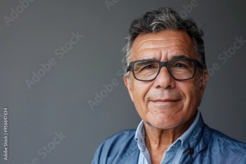 Happy senior businessman in glasses on grey background.