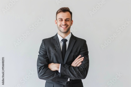 Confident Caucasian man in formal suit smiling at camera.