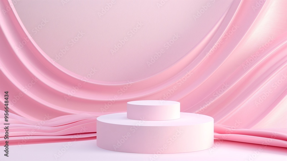 3D render of an abstract pink background with an empty podium stage, stand, and wavy shape for product presentation in a minimalist style 3D render of an abstract pink background with an empty podium stage, stand, and wavy shape for product presentation in a minimalist style