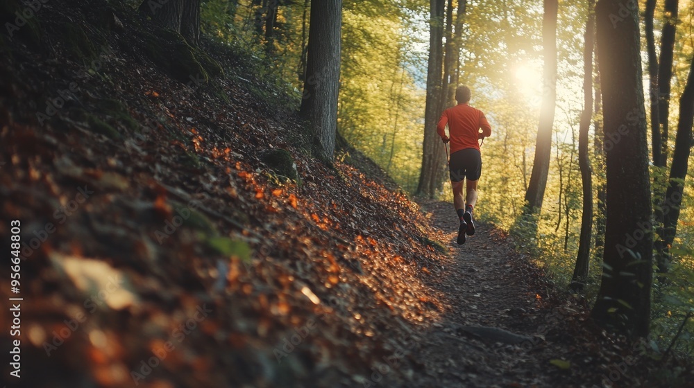 Man Running Through a Sun-Dappled Forest Trail Man Running Through a Sun-Dappled Forest Trail