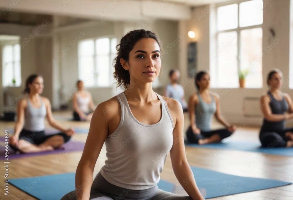 Fototapeta premium A group of people participating in a yoga class in a modern studio, focusing on mindfulness and flexibility.