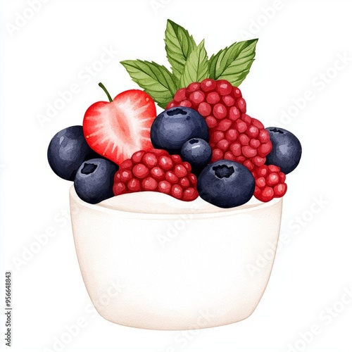 A single cute boho chic topping of fresh berries with mint, watercolor illustration, clipart, isolated on pure white background photo