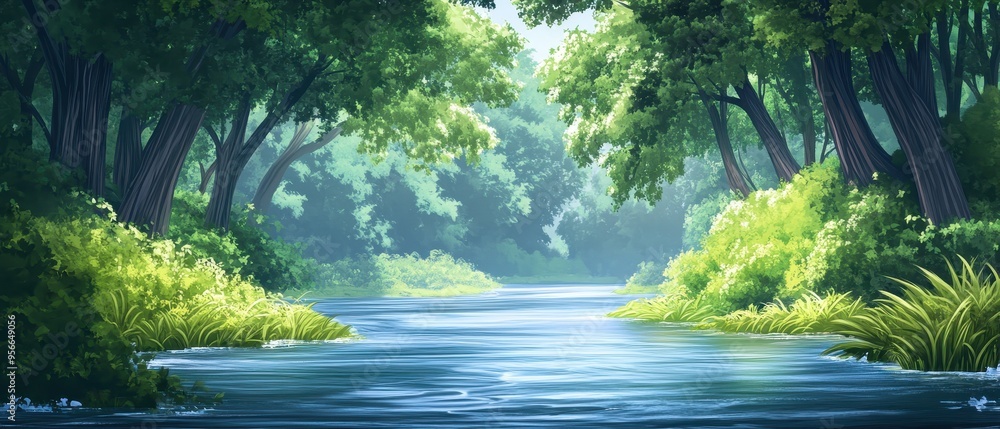 Fototapeta premium Serene River Flowing Through Lush Green Forest, Tranquil Nature Scene.