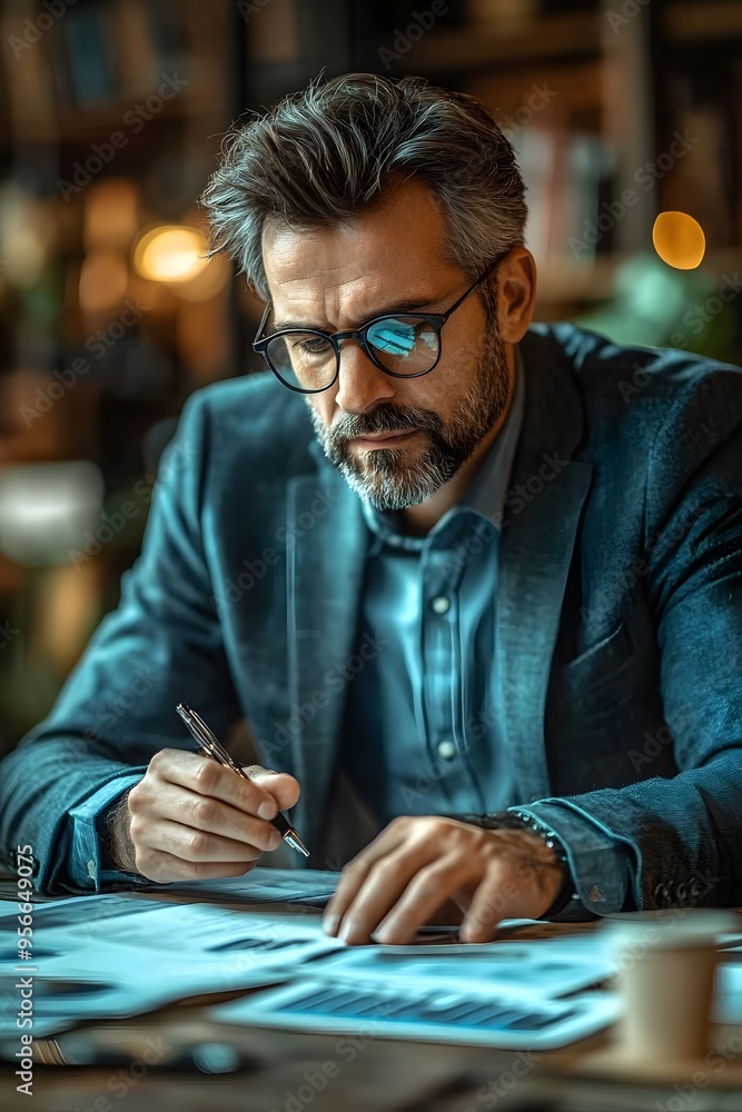 Business leader analyzing documents, focusing on the alignment of current goals with the business strategy. Business leader analyzing documents, focusing on the alignment of current goals with the business strategy.