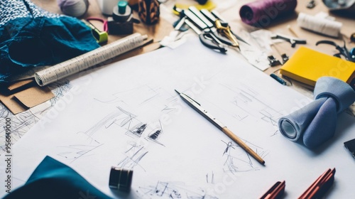 Creative Workspace with Sketches and Tools photo