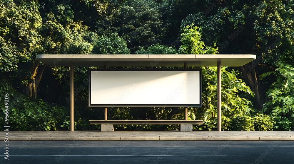Bus stop shelter with blank white billboard, bright daylight, lush green trees background, concrete ground, modern urban setting, empty advertisement space. Bus stop shelter with blank white billboard, bright daylight, lush green trees background, concrete ground, modern urban setting, empty advertisement space.