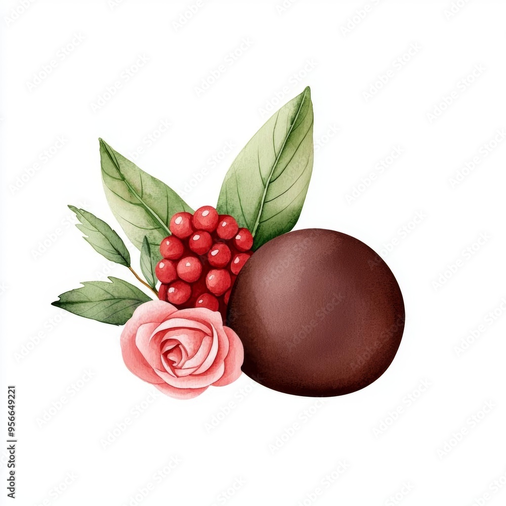 A single cute boho gypsy chocolate truffle with a floral garnish, watercolor illustration, clipart, isolated on pure white background