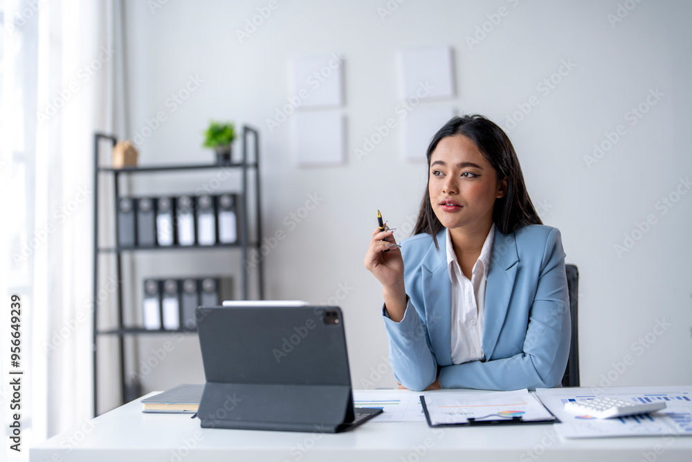 A woman in a blue suit sits at a desk with a laptop and a pen A woman in a blue suit sits at a desk with a laptop and a pen