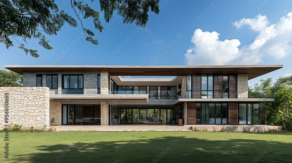 A big house with many windows sits on a lush green field