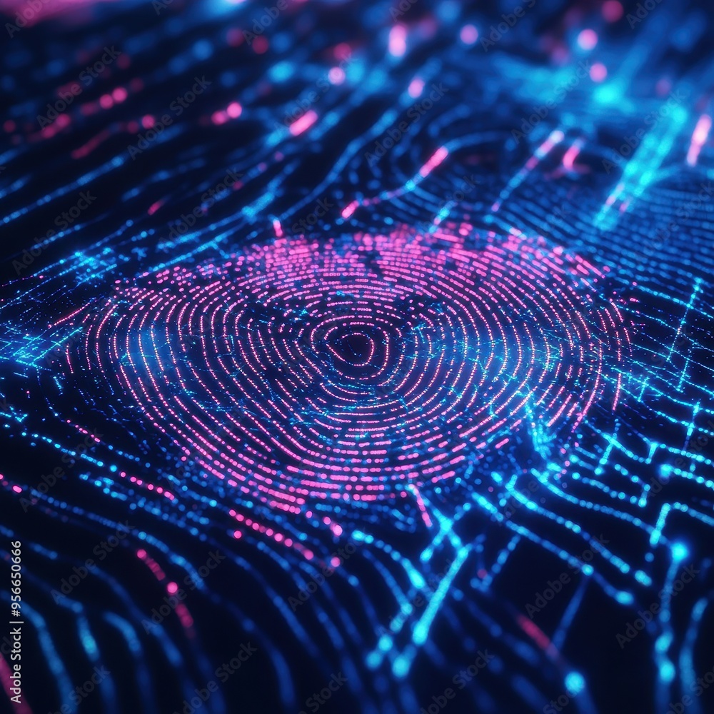 Abstract Fingerprint Pattern in Neon Pink and Blue Lights - Digital Security Concept. Abstract Fingerprint Pattern in Neon Pink and Blue Lights - Digital Security Concept.