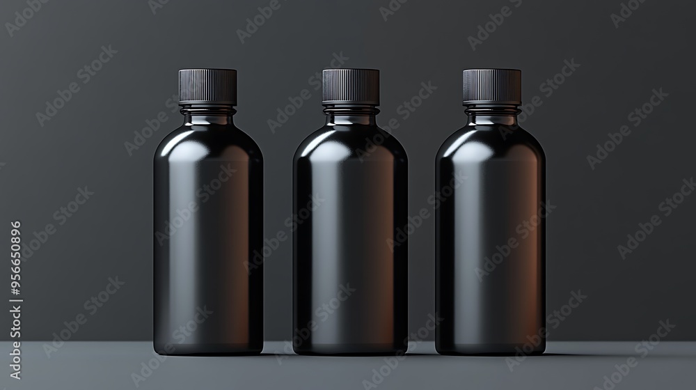 Three black bottles with lids on grey background. Three black bottles with lids on grey background.
