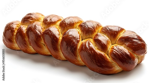 Freshly baked braided challah bread, golden brown crust, soft texture, on white background on left side, food photography, studio lighting, appetizing, warm tones.