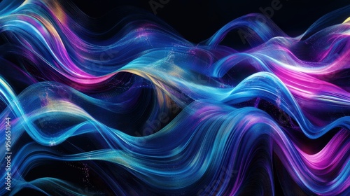 Abstract Wavy Lines with Neon Glow Effect - Blue, Purple and Yellow Colors on Black Background.