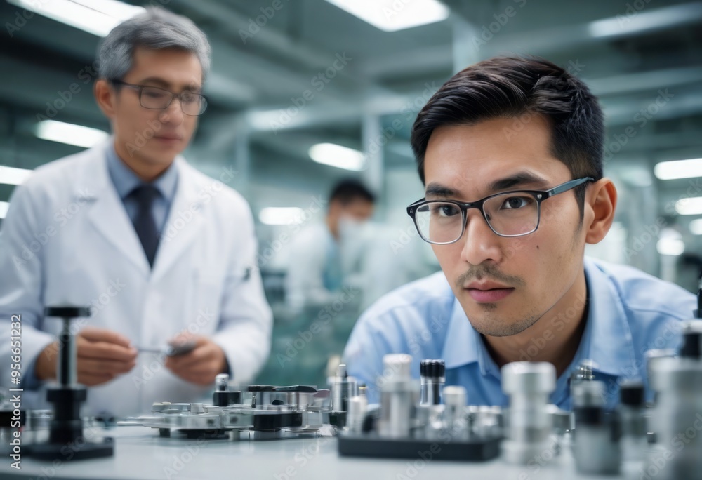 Fototapeta premium A group of scientists working with precision instruments in a modern laboratory, focused on detailed research and development.