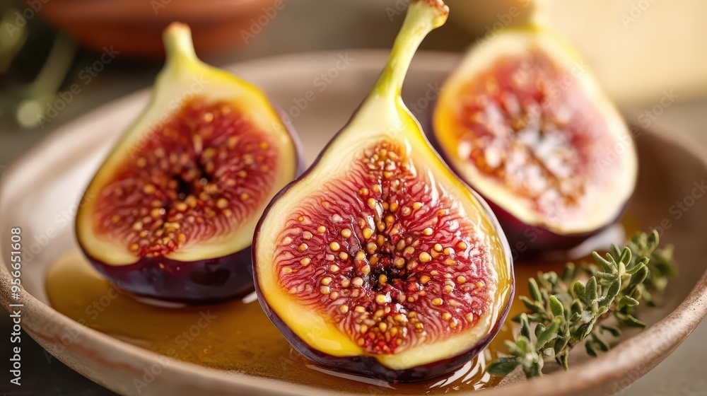 Juicy figs cut in half, drizzled with honey, served with cheese, rustic and elegant snack Juicy figs cut in half, drizzled with honey, served with cheese, rustic and elegant snack