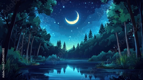 Tranquil Nighttime Forest Scene with Crescent Moon and Starry Sky Reflected in Still Water.