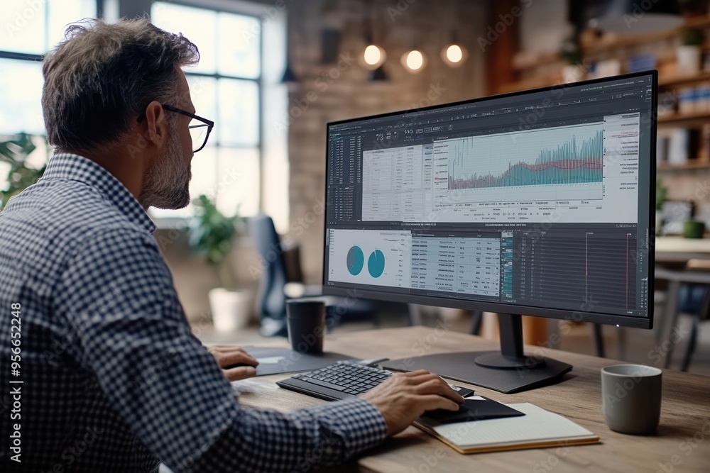 custom made wallpaper toronto digitalAn expert focuses intently on a large monitor, analyzing data and writing notes at a tidy desk with a coffee mug. Generative AI